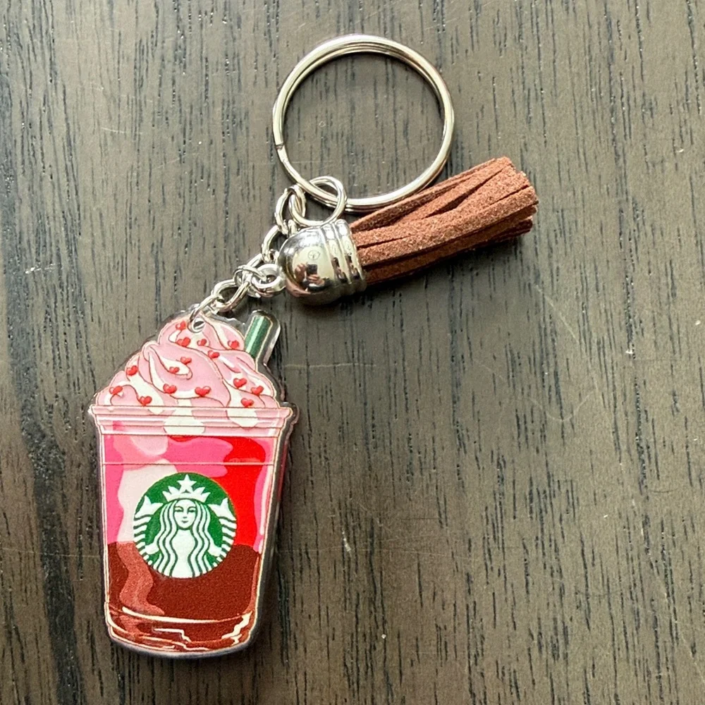 Starbucks inspired Chocolate Red & White Frappuccino Keychain with Brown Tassle